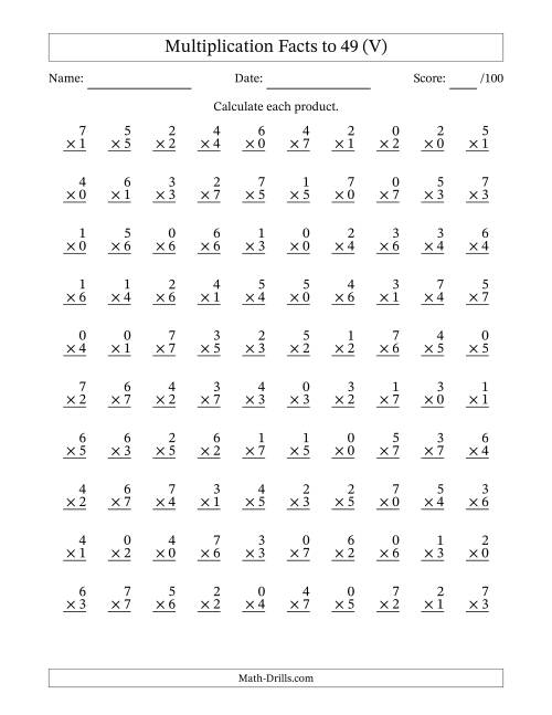 The Multiplication Facts to 49 (100 Questions) (With Zeros) (V) Math Worksheet