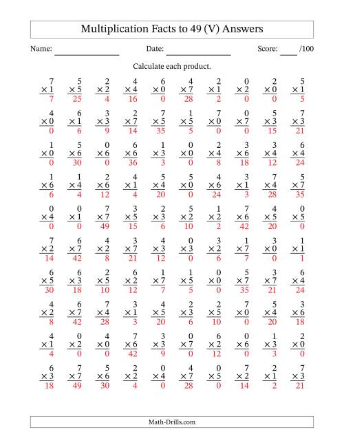 The Multiplication Facts to 49 (100 Questions) (With Zeros) (V) Math Worksheet Page 2