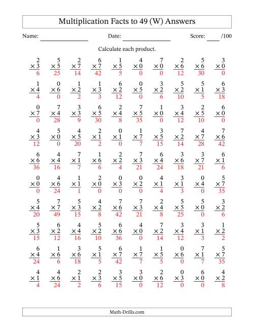 The Multiplication Facts to 49 (100 Questions) (With Zeros) (W) Math Worksheet Page 2
