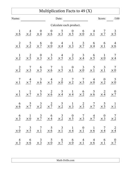 The Multiplication Facts to 49 (100 Questions) (With Zeros) (X) Math Worksheet