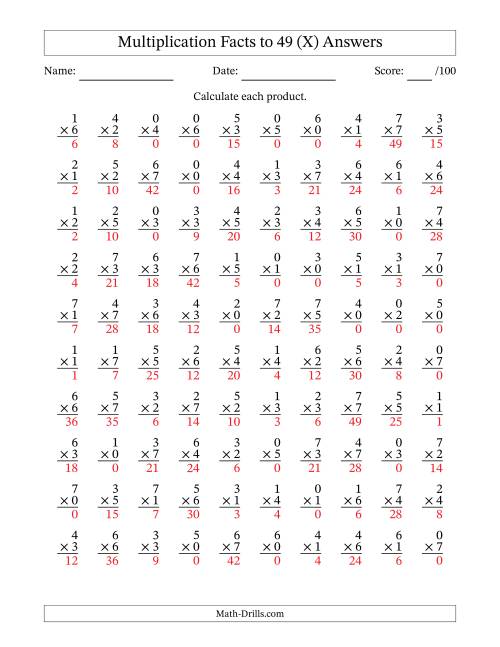 The Multiplication Facts to 49 (100 Questions) (With Zeros) (X) Math Worksheet Page 2
