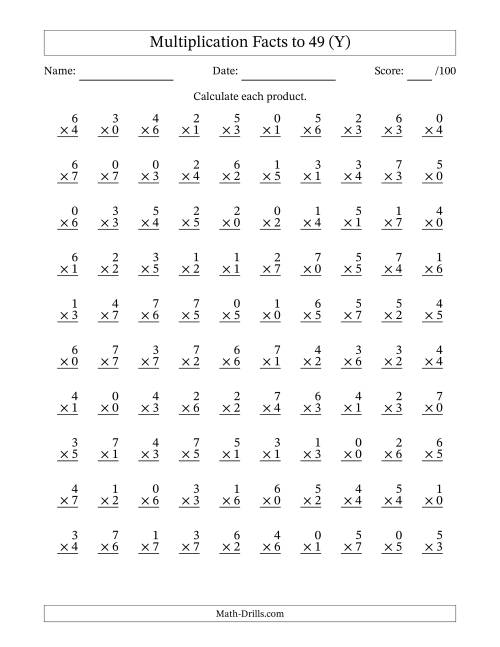 The Multiplication Facts to 49 (100 Questions) (With Zeros) (Y) Math Worksheet