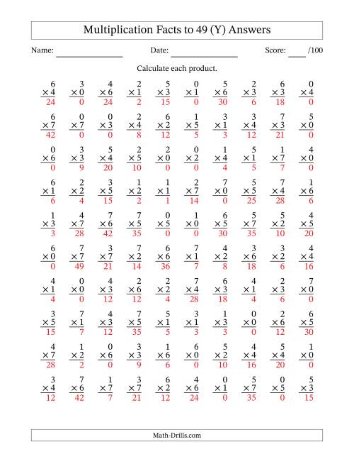The Multiplication Facts to 49 (100 Questions) (With Zeros) (Y) Math Worksheet Page 2