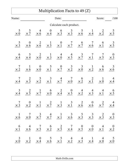 The Multiplication Facts to 49 (100 Questions) (With Zeros) (Z) Math Worksheet