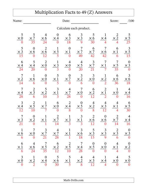 The Multiplication Facts to 49 (100 Questions) (With Zeros) (Z) Math Worksheet Page 2