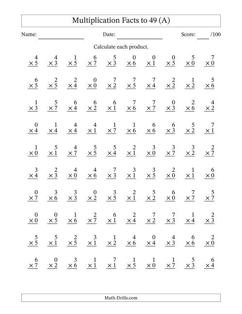 The Multiplication Facts to 49 (100 Questions) (With Zeros) (All) Math Worksheet