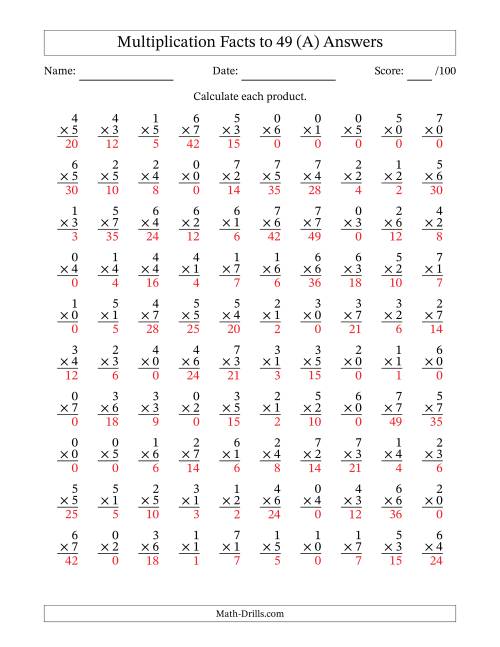 The Multiplication Facts to 49 (100 Questions) (With Zeros) (All) Math Worksheet Page 2