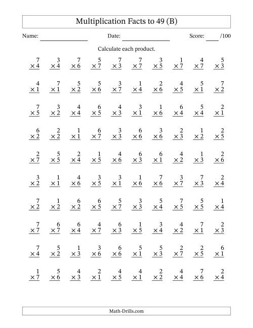 The Multiplication Facts to 49 (100 Questions) (No Zeros) (B) Math Worksheet