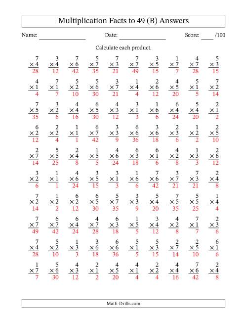 The Multiplication Facts to 49 (100 Questions) (No Zeros) (B) Math Worksheet Page 2