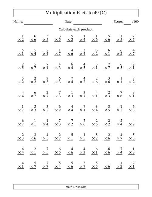 The Multiplication Facts to 49 (100 Questions) (No Zeros) (C) Math Worksheet
