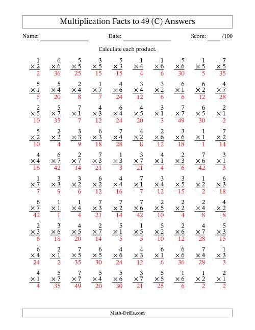 The Multiplication Facts to 49 (100 Questions) (No Zeros) (C) Math Worksheet Page 2