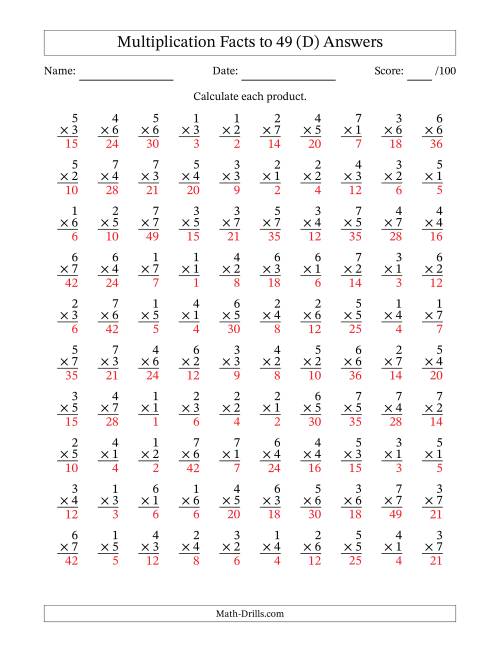 The Multiplication Facts to 49 (100 Questions) (No Zeros) (D) Math Worksheet Page 2