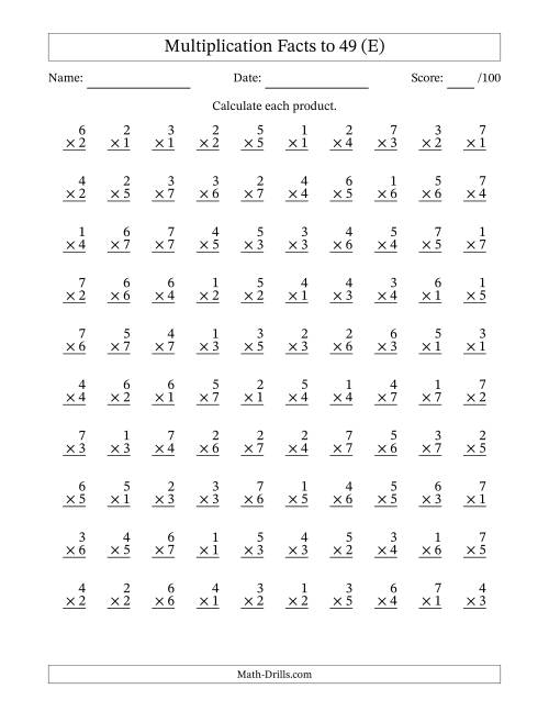 The Multiplication Facts to 49 (100 Questions) (No Zeros) (E) Math Worksheet