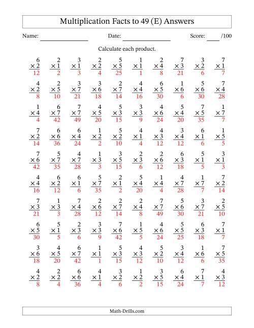The Multiplication Facts to 49 (100 Questions) (No Zeros) (E) Math Worksheet Page 2