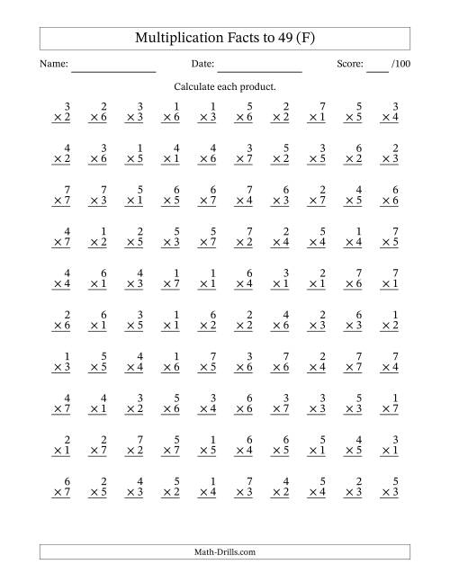 The Multiplication Facts to 49 (100 Questions) (No Zeros) (F) Math Worksheet