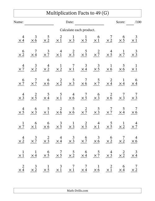 The Multiplication Facts to 49 (100 Questions) (No Zeros) (G) Math Worksheet
