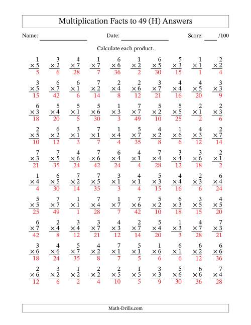 The Multiplication Facts to 49 (100 Questions) (No Zeros) (H) Math Worksheet Page 2