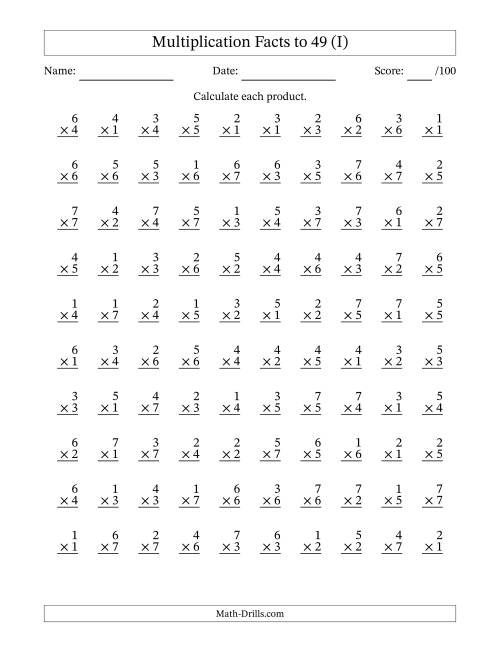 The Multiplication Facts to 49 (100 Questions) (No Zeros) (I) Math Worksheet