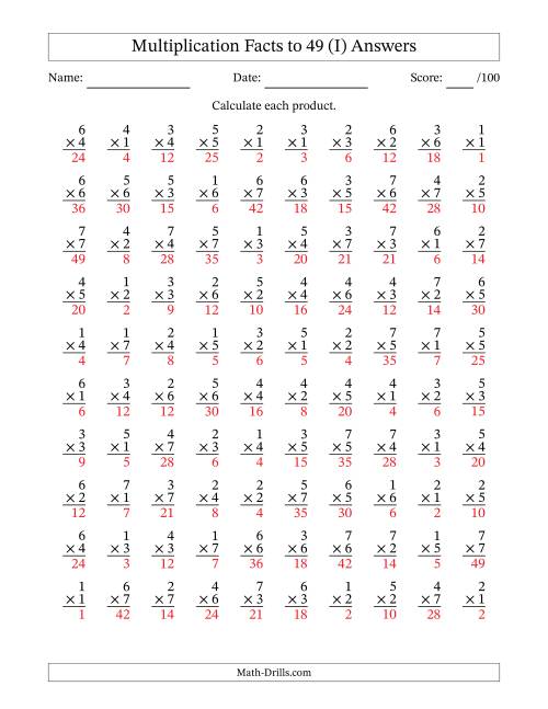 The Multiplication Facts to 49 (100 Questions) (No Zeros) (I) Math Worksheet Page 2