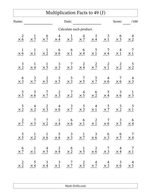The Multiplication Facts to 49 (100 Questions) (No Zeros) (J) Math Worksheet
