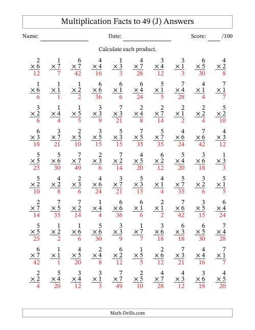 The Multiplication Facts to 49 (100 Questions) (No Zeros) (J) Math Worksheet Page 2