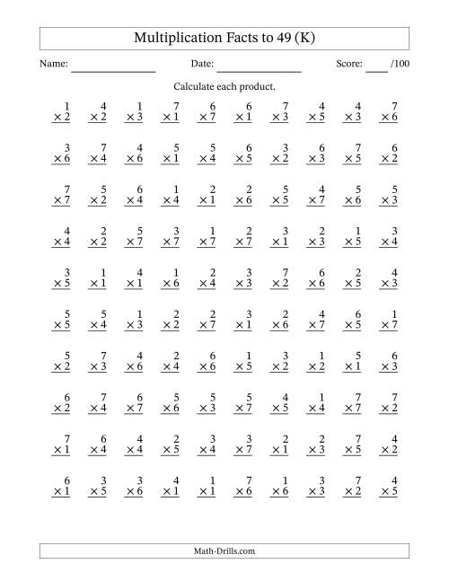 The Multiplication Facts to 49 (100 Questions) (No Zeros) (K) Math Worksheet