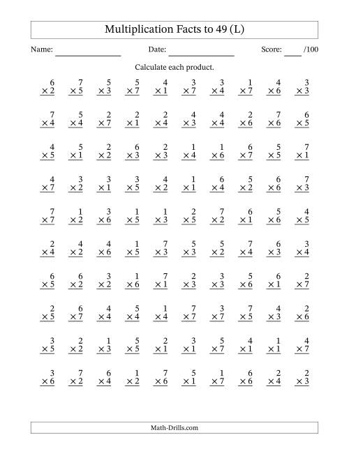 The Multiplication Facts to 49 (100 Questions) (No Zeros) (L) Math Worksheet