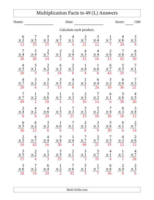 The Multiplication Facts to 49 (100 Questions) (No Zeros) (L) Math Worksheet Page 2