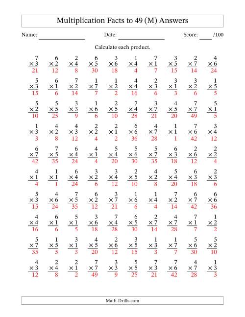 The Multiplication Facts to 49 (100 Questions) (No Zeros) (M) Math Worksheet Page 2