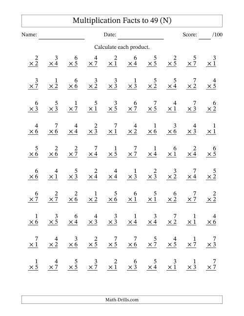 The Multiplication Facts to 49 (100 Questions) (No Zeros) (N) Math Worksheet