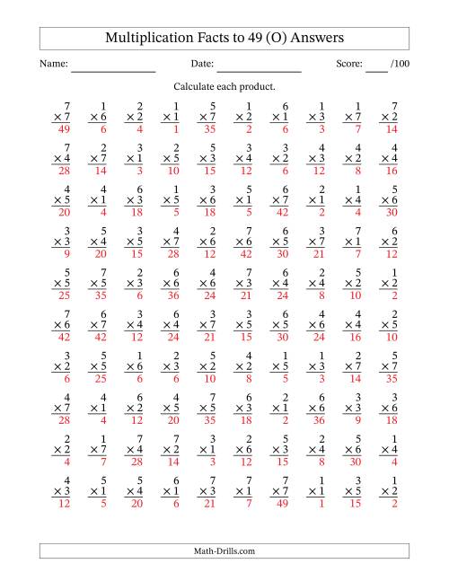 The Multiplication Facts to 49 (100 Questions) (No Zeros) (O) Math Worksheet Page 2
