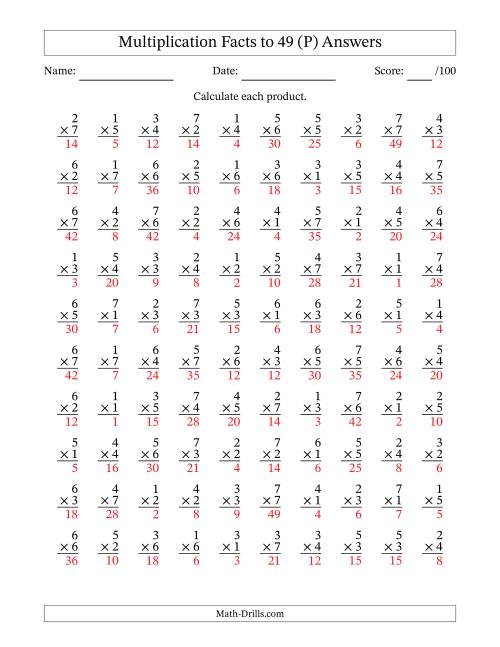 The Multiplication Facts to 49 (100 Questions) (No Zeros) (P) Math Worksheet Page 2