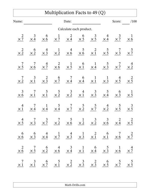 The Multiplication Facts to 49 (100 Questions) (No Zeros) (Q) Math Worksheet