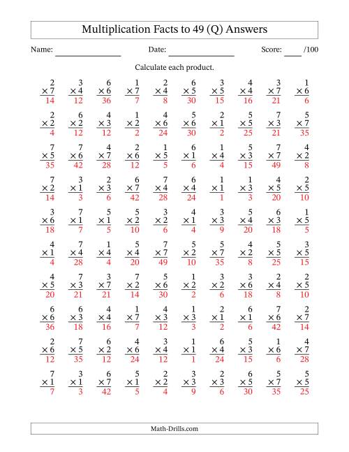 The Multiplication Facts to 49 (100 Questions) (No Zeros) (Q) Math Worksheet Page 2
