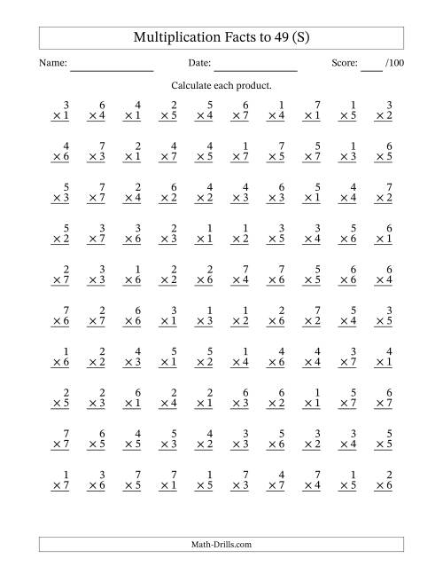 The Multiplication Facts to 49 (100 Questions) (No Zeros) (S) Math Worksheet