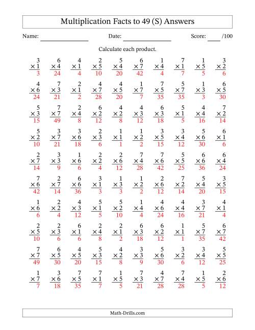 The Multiplication Facts to 49 (100 Questions) (No Zeros) (S) Math Worksheet Page 2