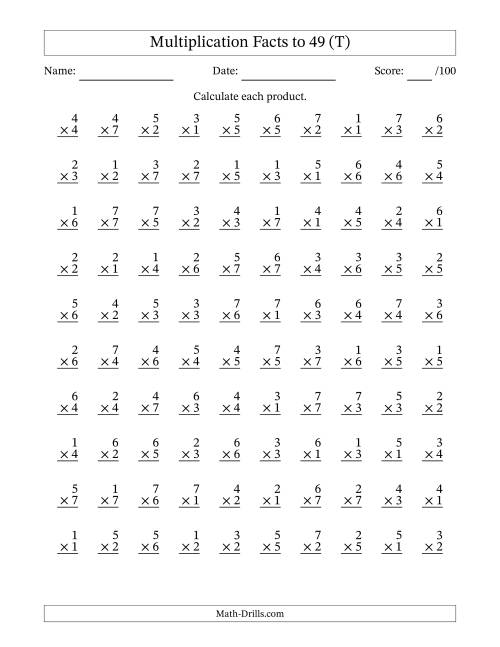The Multiplication Facts to 49 (100 Questions) (No Zeros) (T) Math Worksheet