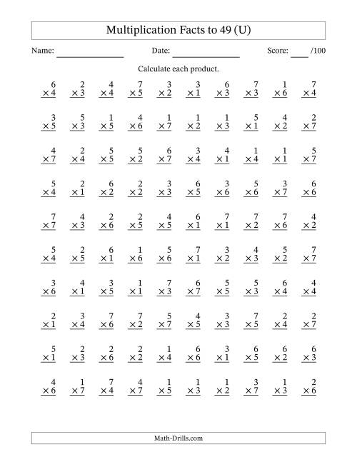 The Multiplication Facts to 49 (100 Questions) (No Zeros) (U) Math Worksheet