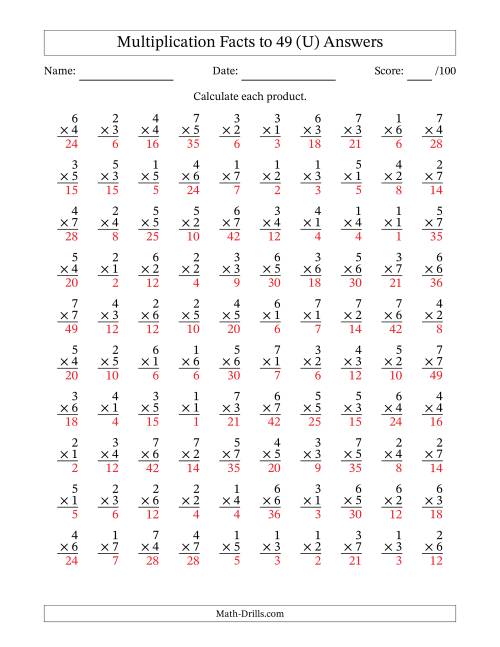 The Multiplication Facts to 49 (100 Questions) (No Zeros) (U) Math Worksheet Page 2
