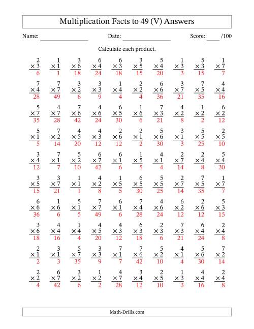 The Multiplication Facts to 49 (100 Questions) (No Zeros) (V) Math Worksheet Page 2
