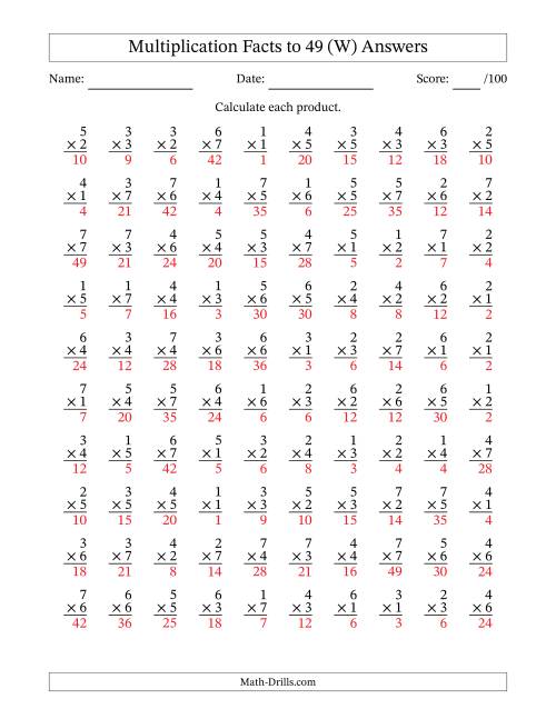 The Multiplication Facts to 49 (100 Questions) (No Zeros) (W) Math Worksheet Page 2