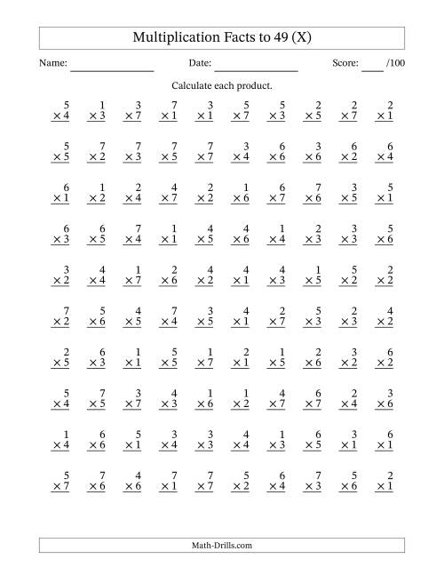 The Multiplication Facts to 49 (100 Questions) (No Zeros) (X) Math Worksheet