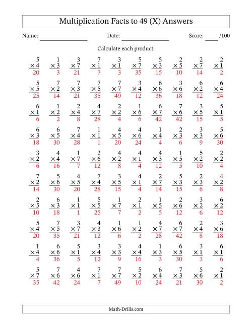 The Multiplication Facts to 49 (100 Questions) (No Zeros) (X) Math Worksheet Page 2