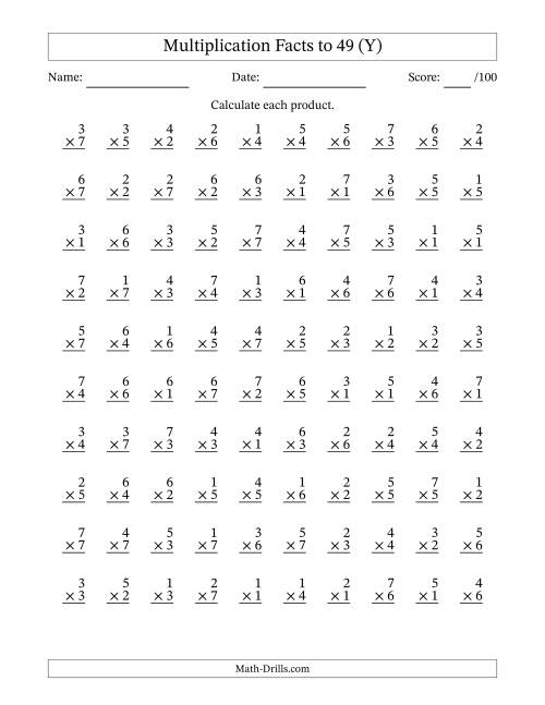 The Multiplication Facts to 49 (100 Questions) (No Zeros) (Y) Math Worksheet