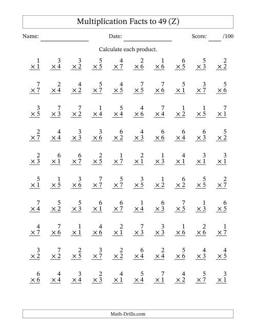 The Multiplication Facts to 49 (100 Questions) (No Zeros) (Z) Math Worksheet