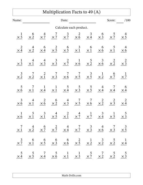 The Multiplication Facts to 49 (100 Questions) (No Zeros) (All) Math Worksheet