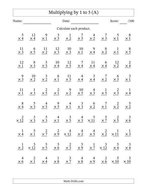 The Multiplying (1 to 12) by 1 to 5 (100 Questions) (A) Math Worksheet