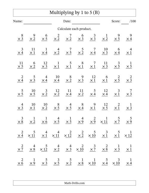 The Multiplying (1 to 12) by 1 to 5 (100 Questions) (B) Math Worksheet