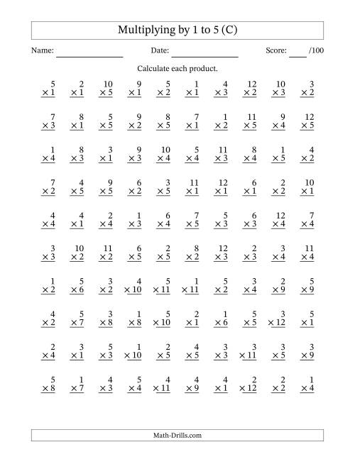 The Multiplying (1 to 12) by 1 to 5 (100 Questions) (C) Math Worksheet