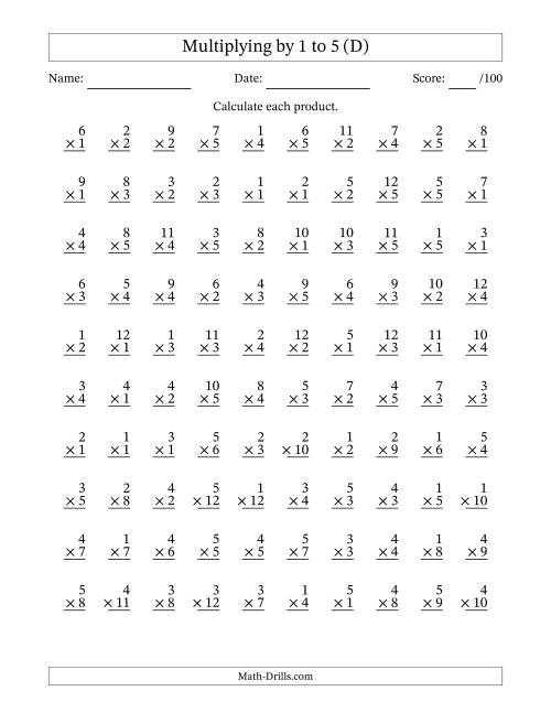 The Multiplying (1 to 12) by 1 to 5 (100 Questions) (D) Math Worksheet